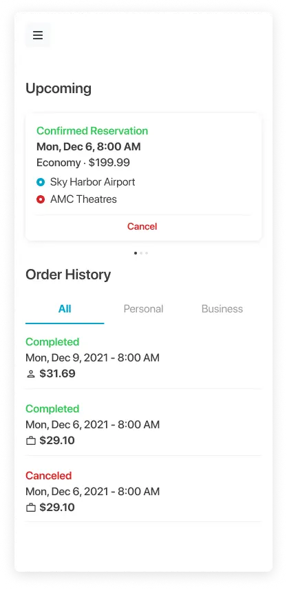 Trip activity, history. Track all your current and previous reservations